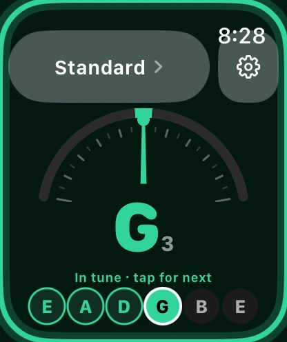 Phiz Tuner on Apple Watch: the G string in tune, the whole face glowing green